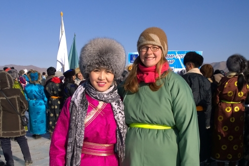 Dashka and April at the Bayankhongor Ice Festival, January 2015