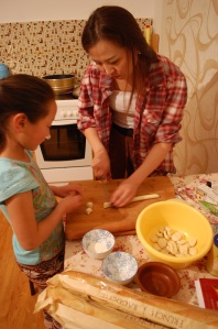 Dashka and Anu making bansh (small dumplings)
